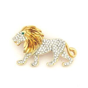 Rhinestone Lion Brooch Enamel Mane Gold Plated